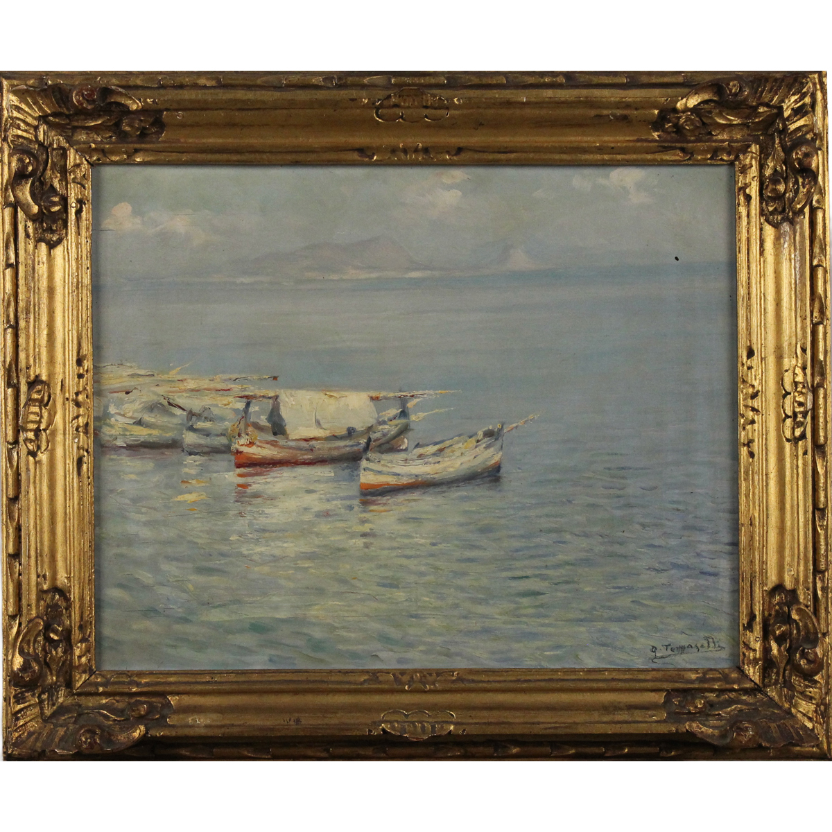 Onofrio Tomaselli (1866/1956) "Barche con Capo Zafferano sullo sfondo"