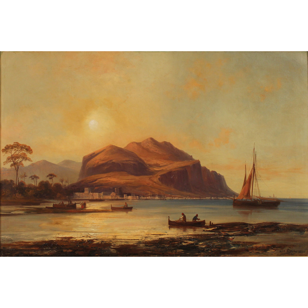 Josef Carl Berthold Püttner (1821/1881) "Veduta di Monte Pellegrino con barche di pescatori"