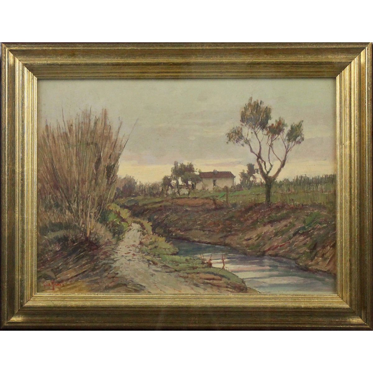 Gino Romiti (1881/1967) "Paesaggio di campagna con casolare sullo sfondo"