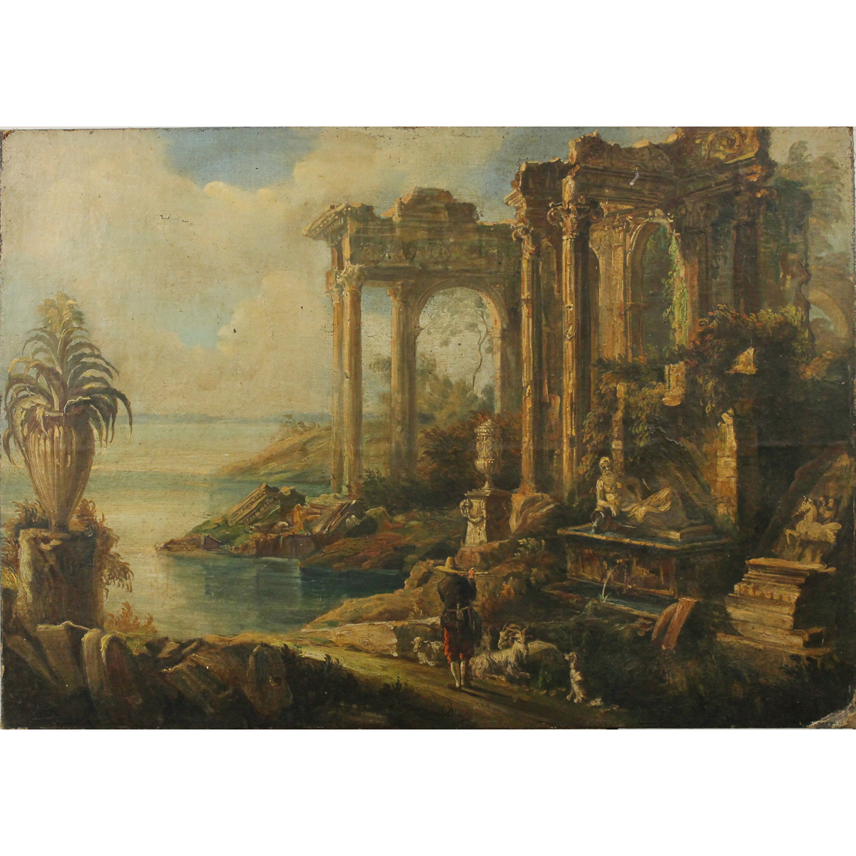 Pittore italiano del secolo XVIII "Paesaggio con architetture e figure"