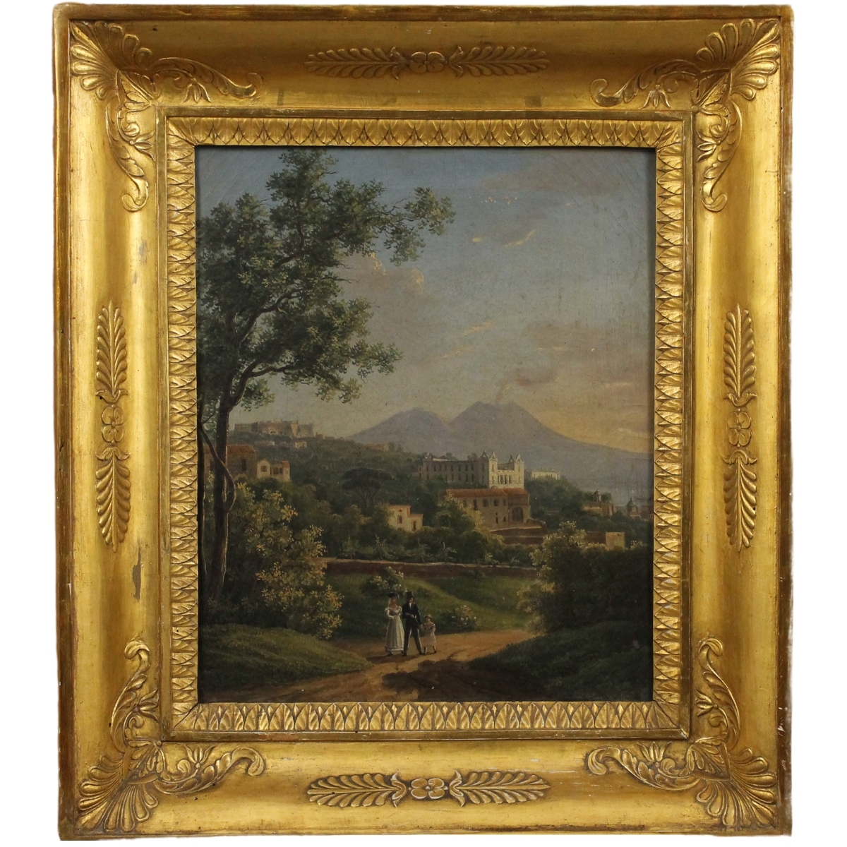 Francesco Zerilli (1793/1837) (attr.) "Scorcio di villa con figure con Etna sullo sfondo"