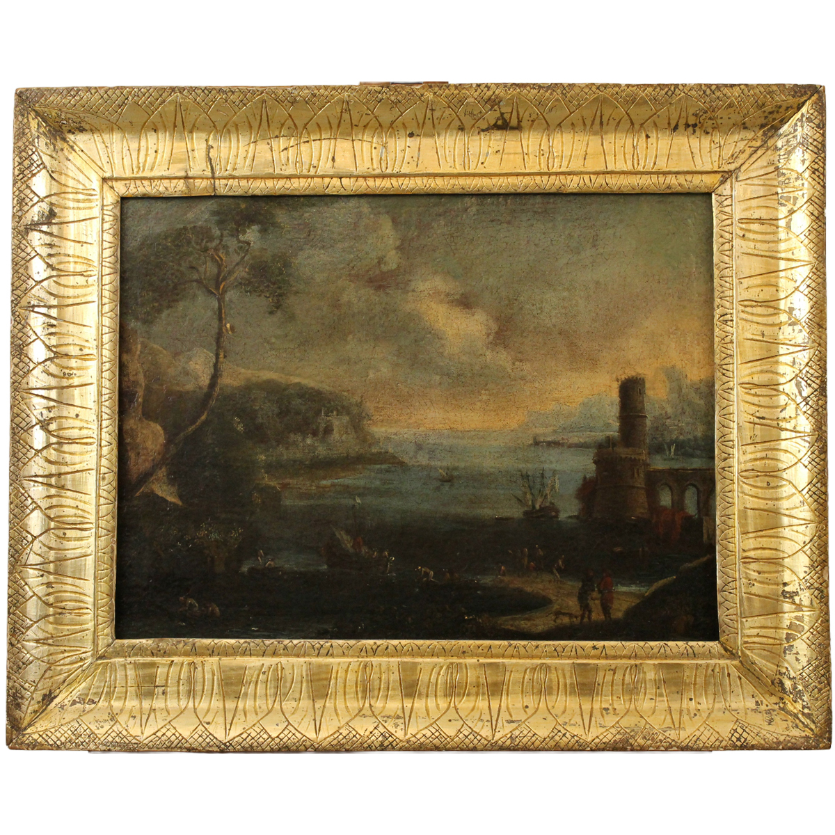 Scuola italiana del secolo XVIII "Paesaggio marino con castello" 