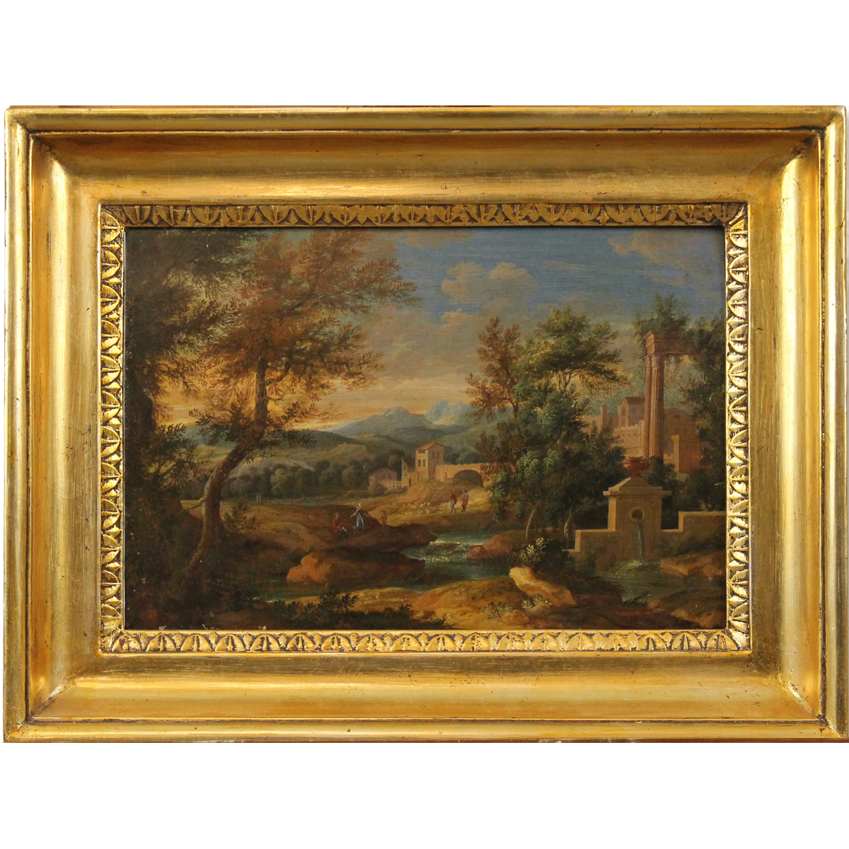 Scuola francese del secolo XIX "Paesaggio con figure e casolari"