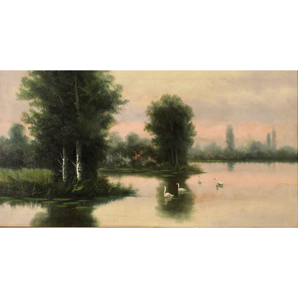 SCUOLA DI EMILIO SANCHEZ PERRIER (1855/1907) "Paesaggio lacustre con cigni" - SCHOOL OF EMILIO SANCHEZ PERRIER (1855/1907) "Lake landscape with swans"
