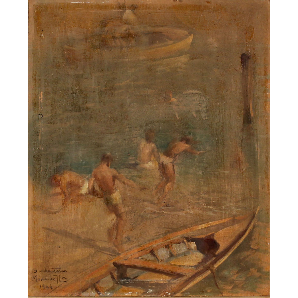 SABATINO MIRABELLA (1902/1973) "Pescatori sulla riva del canale" - "Fishermen on the shore of the canal"