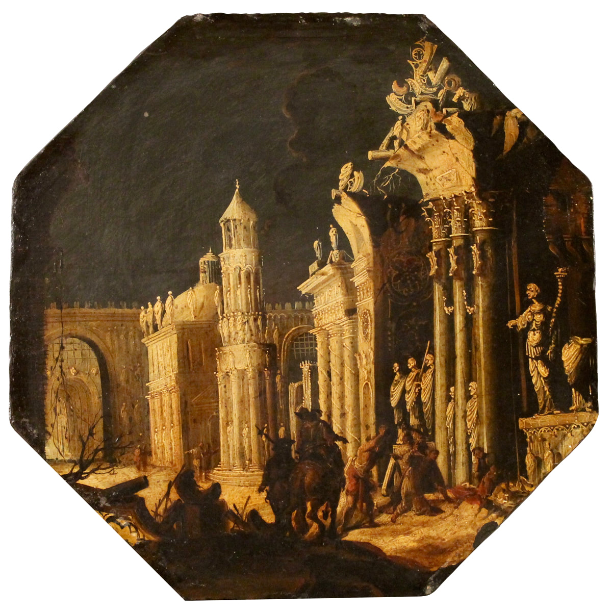 François De Nomé detto Monsù Desiderio (attr.) (1593/1644) "Due scene di martirio contornate da architetture oniriche e personaggi" - "Two martyrdom scenes surrounded by dreamlike architectures and characters"