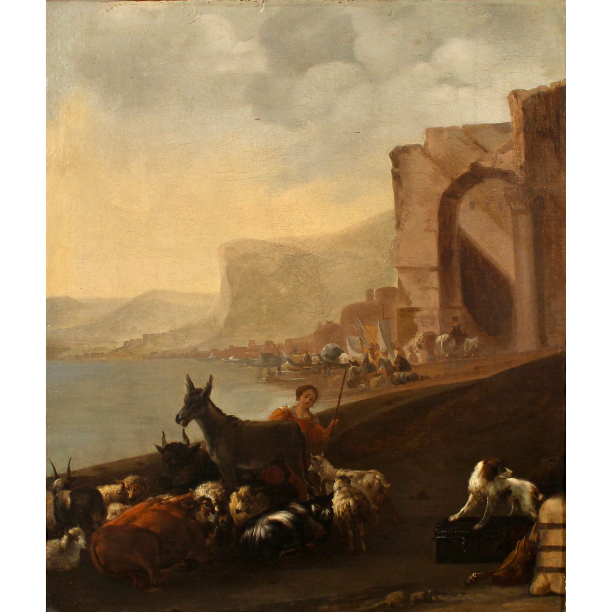 Scuola romana del secolo XVIII "Contadina con ruderi e armenti"