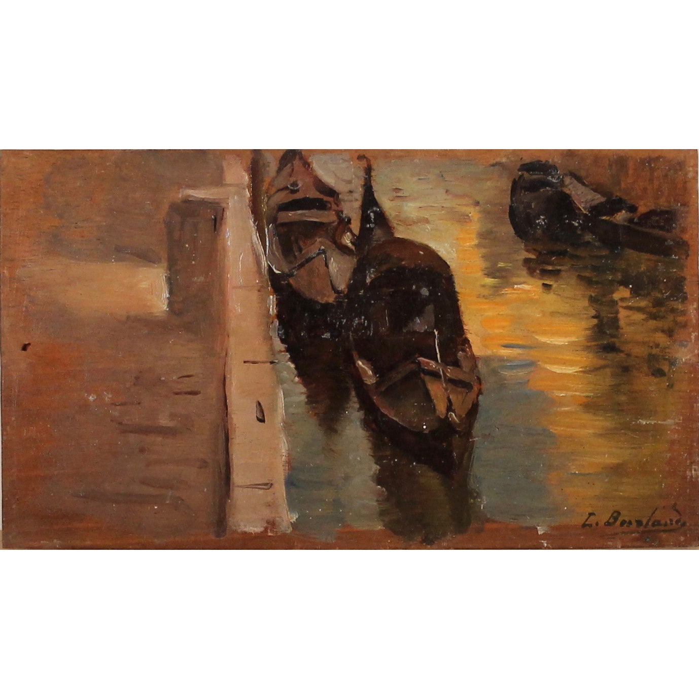 LEOPOLDO BURLANDO (1841/1915) "Gondole all'ormeggio" - "Mooring gondolas"
