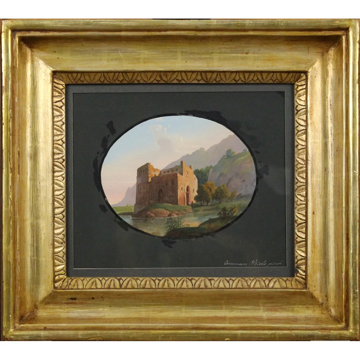 Tommaso Riolo (1772/1837) (attr.) "Paesaggio sul lago con rudere"