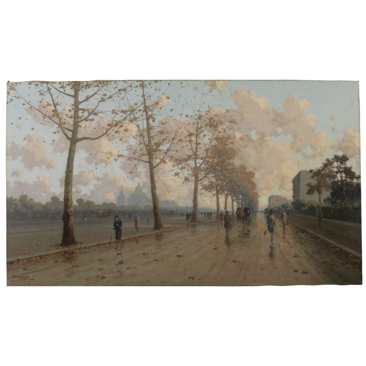 Aurelio Catti (1895/1966) "Scorcio di città con figure e carrozze"