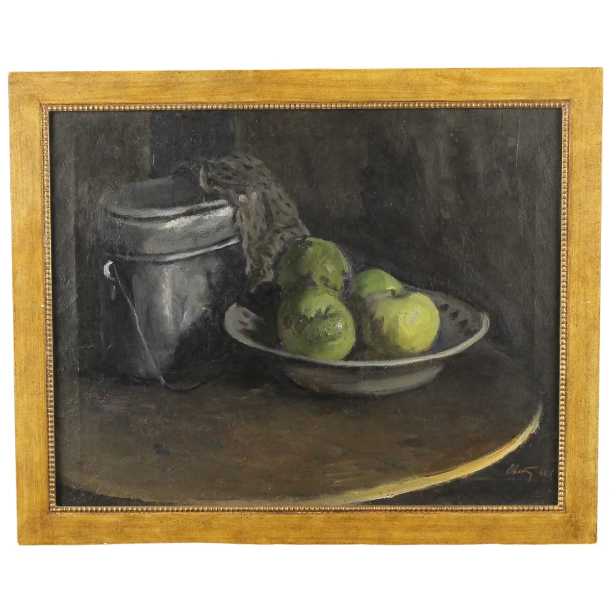Dipinto del secolo XX "Natura morta di frutta e vasellame"
