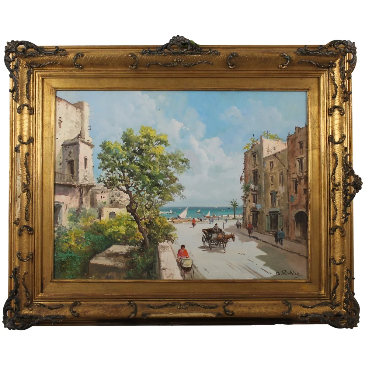Augusto Radice (1913/?) "Veduta di paese sul mare"